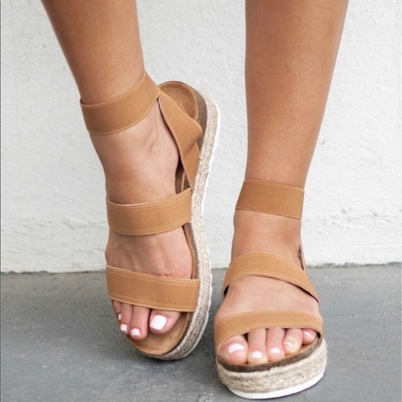 Tan Camel Espadrille Platform Two Strap Sandals - Picture 4 of 9